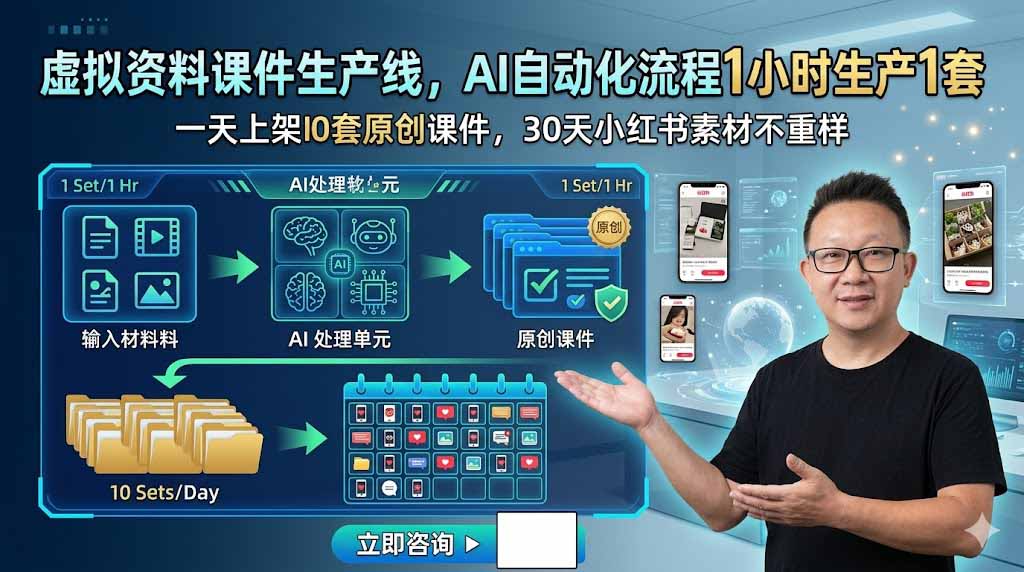 虚拟资料课件生产线，AI自动化流程1小时生产1套，一天上架10套原创课件，30天小红书素材不重样-皮皮网创