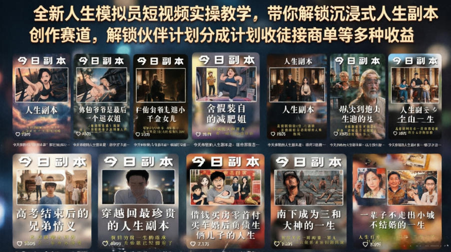 全新人生模拟员短视频实操教学，带你解锁沉浸式人生副本创作赛道，解锁伙伴计划分成计划收徒接商单等多种收益-皮皮网创