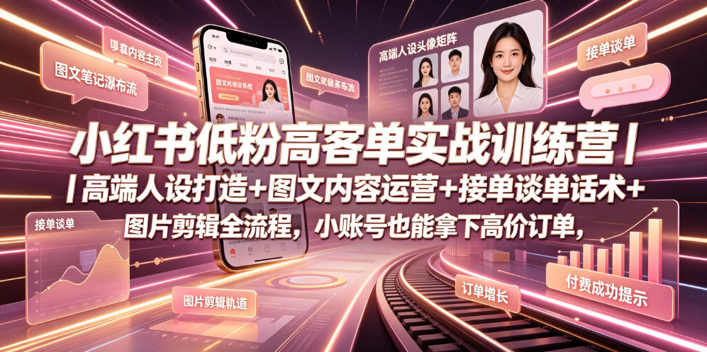 小红书低粉高客单实战训练营｜高端人设打造+图文内容运营+接单谈单话术+图片剪辑全流程，小账号也能拿下高价订单-皮皮网创