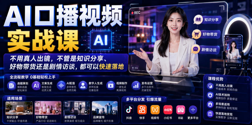 AI口播视频实战课，不用真人出镜，不管是知识分享、好物带货还是剧情访谈，都可以快速落地-皮皮网创