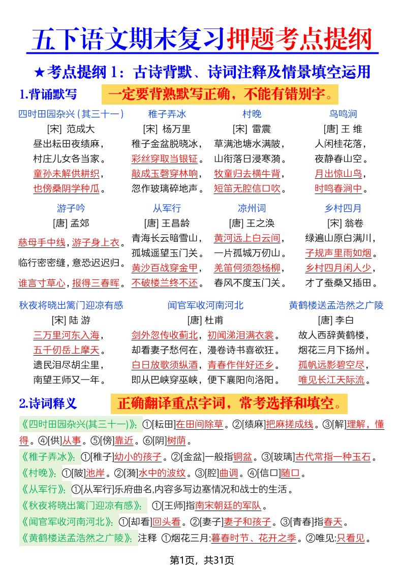 26春五年级下语文期末复习押题考点提纲-皮皮网创