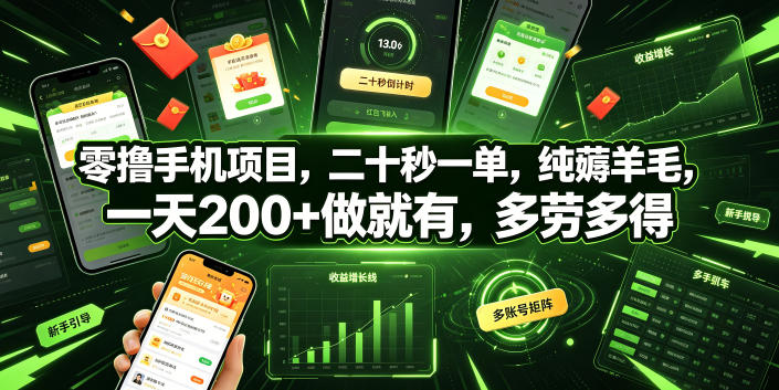 零撸手机项目，二十秒一单，纯薅羊毛，一天200+做就有，多劳多得【揭秘】-皮皮网创