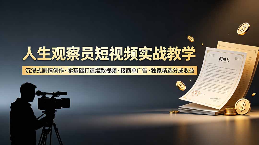 人生观察员短视频实战教学，沉浸式剧情创作，零基础打造爆款视频，接商单广告，独家精选分成收益-皮皮网创
