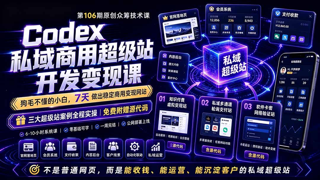 Codex私域商用超级站Ai开发变现课106期-更新0630：不是普通网站，而是能收钱，能运营，能沉淀客户的私域超级站-皮皮网创