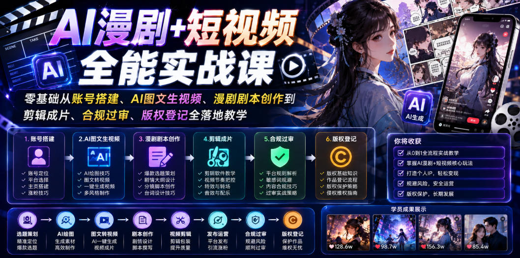 AI漫剧+短视频全能实战课｜零基础从账号搭建、AI图文生视频、漫剧剧本创作到剪辑成片、合规过审、版权登记全落地教学-皮皮网创