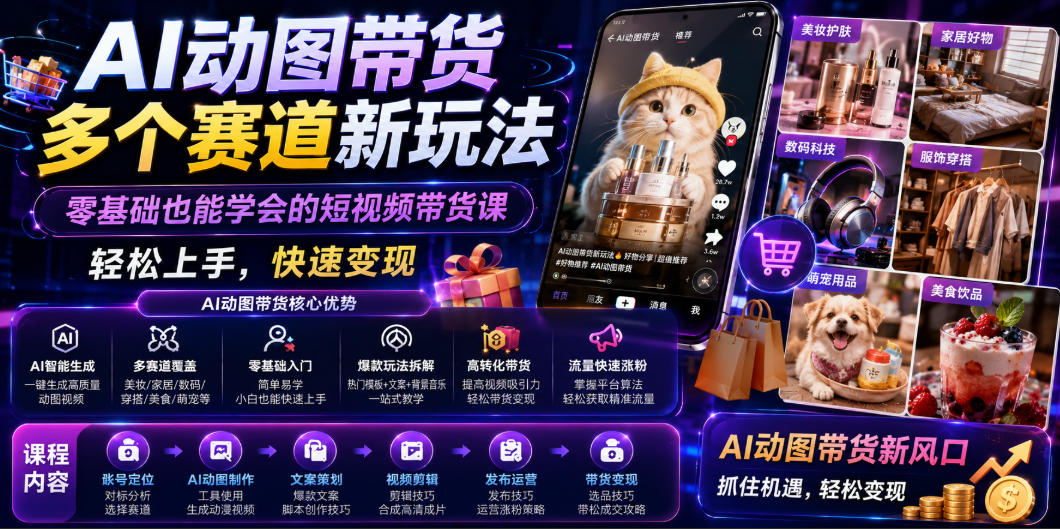 AI动图带货多个赛道新玩法，零基础也能学会的短视频带货课，轻松上手，快速变现-皮皮网创