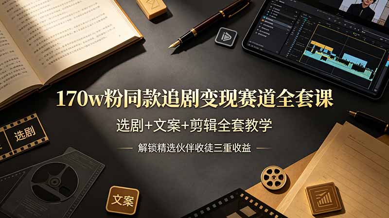 170w粉博主同款追剧变现赛道全套课，选剧+文案+剪辑全套教学，解锁精选伙伴收徒三重收益-皮皮网创