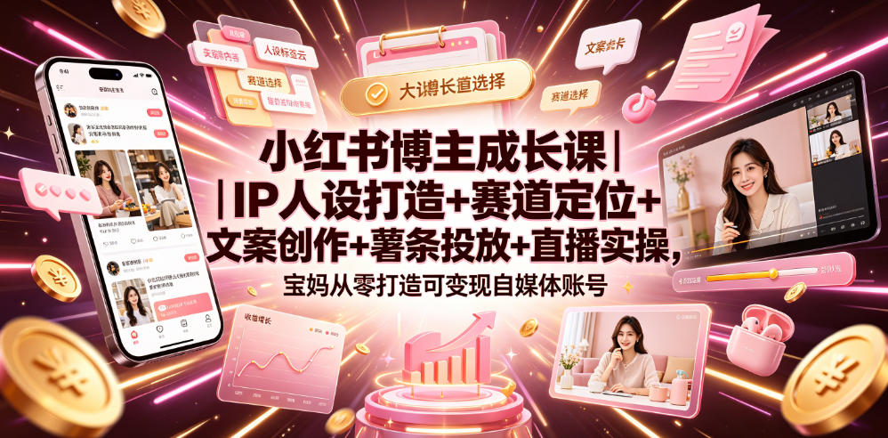小红书博主成长课｜IP人设打造+赛道定位+文案创作+薯条投放+直播实操，宝妈从零打造可变现自媒体账号-皮皮网创
