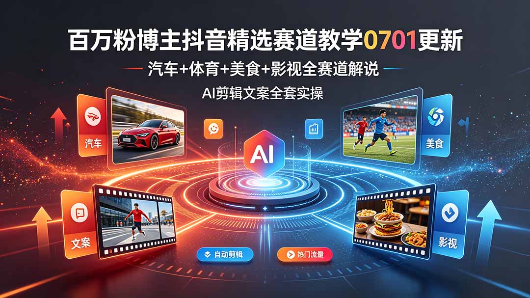 百万粉博主抖音精选赛道教学-0701更新,汽车+体育+美食+影视全赛道解说,AI剪辑文案全套实操-皮皮网创