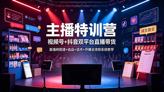 主播特训营:视频号+抖音双平台直播带货,直播间搭建+选品+话术+开播全流程系统教学-皮皮网创