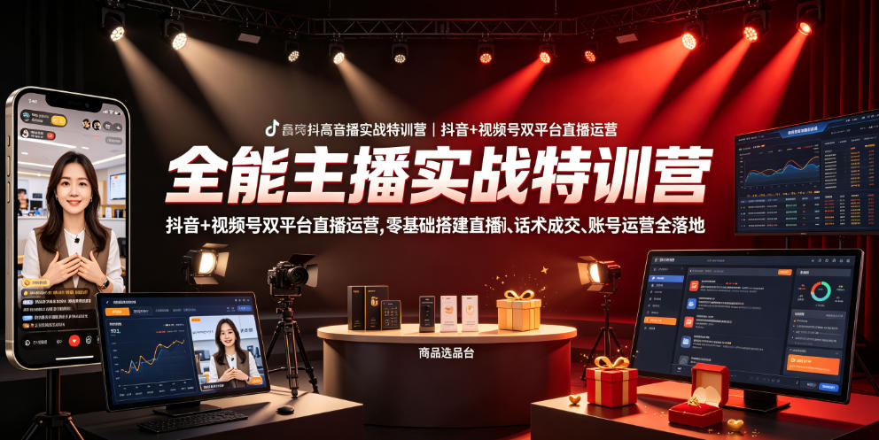 全能主播实战特训营|抖音+视频号双平台直播运营,零基础搭建直播间、精准选品、话术成交、账号运营全落地-皮皮网创