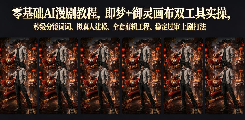 零基础AI漫剧教程,即梦+御灵画布双工具实操,秒级分镜提示词、拟真人建模、全套剪辑工程、稳定过审上剧打法-皮皮网创