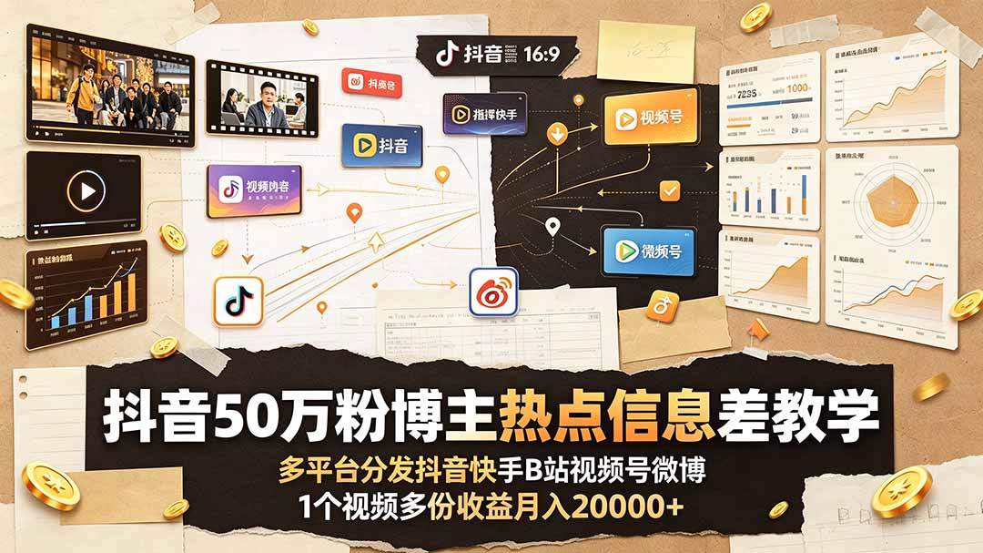 抖音50万粉博主热点信息差教学:多平台分发抖音快手B站视频号微博,1个视频多份收益月入20000+-皮皮网创