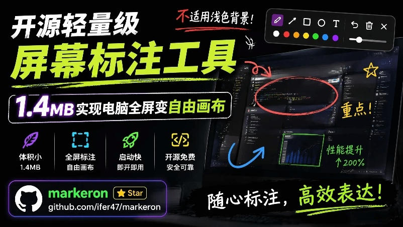 开源轻量级屏幕标注工具,1.4MB实现电脑全屏变自由画布!支持8种标注工具和全键盘操控MarkerOn-皮皮网创
