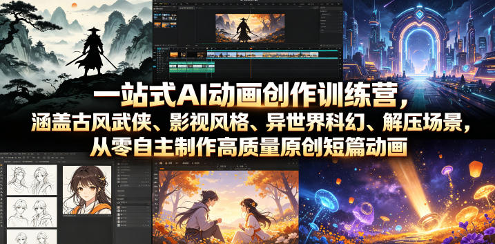 一站式AI动画创作训练营，涵盖古风武侠、影视风格、异世界科幻、解压场景，从零自主制作高质量原创短篇动画-皮皮网创