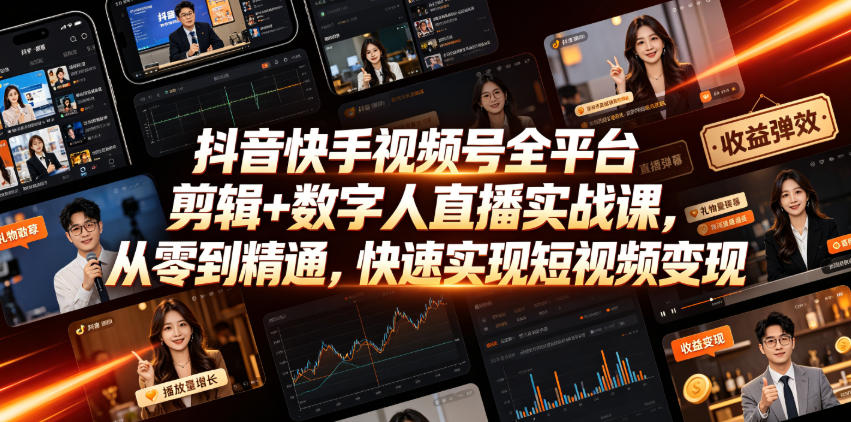 抖音快手视频号全平台剪辑+数字人直播实战课,从零到精通,快速实现短视频变现(更新2026年6月)-皮皮网创