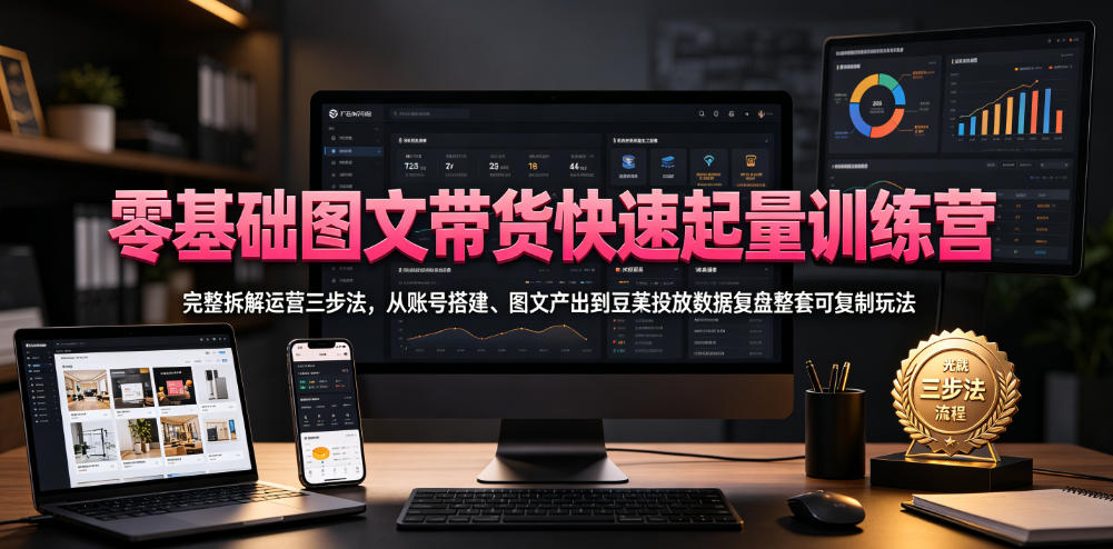 零基础图文带货快速起量训练营,完整拆解运营三步法,从账号搭建、图文产出到豆荚投放数据复盘整套可复制玩法-皮皮网创