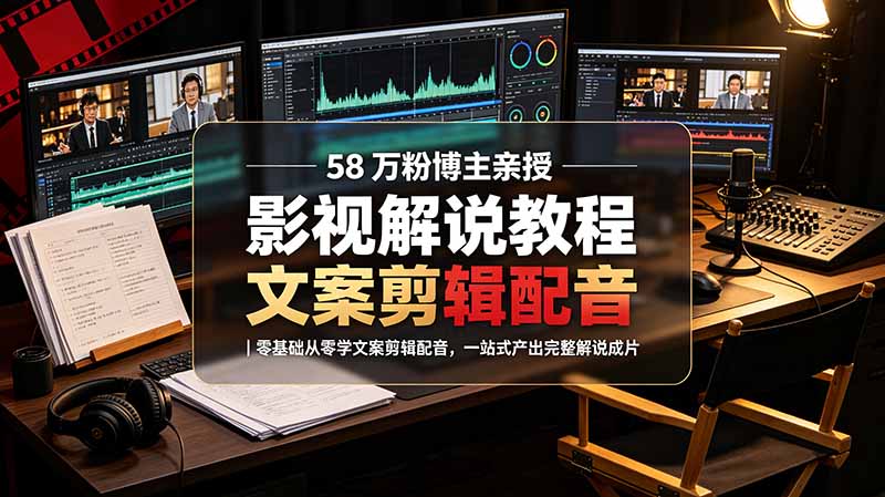 58 万粉博主荧幕春秋亲授影视解说教程｜零基础从零学文案剪辑配音，一站式产出完整解说成片-皮皮网创