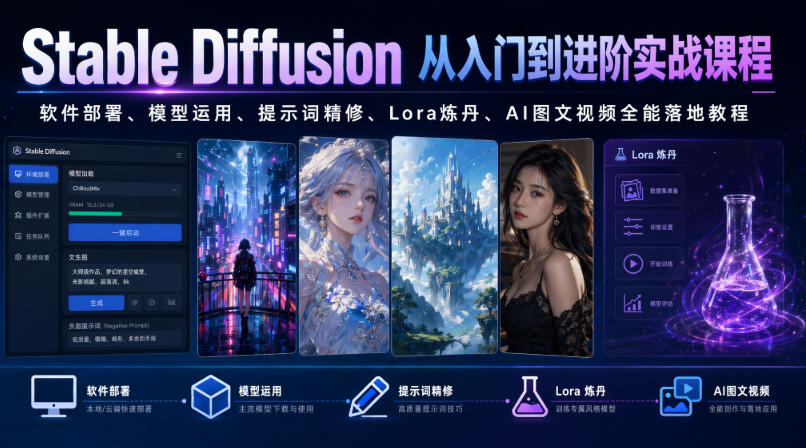 Stable Diffusion从入门到进阶实战课程|软件部署、模型运用、提示词精修、Lora炼丹、AI图文视频全能落地教程-皮皮网创