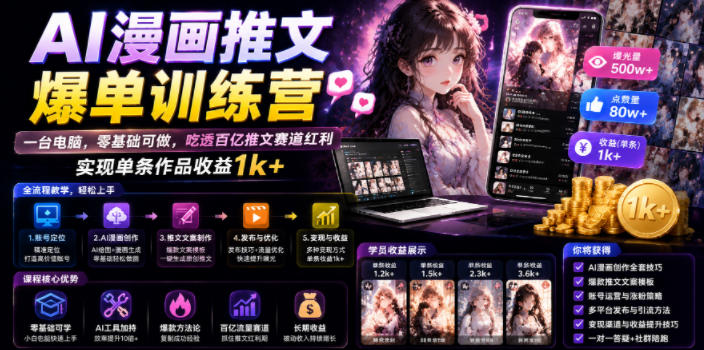 AI漫画推文爆单训练营，一台电脑，零基础可做，吃透百亿推文赛道红利，实现单条作品收益1k+-皮皮网创