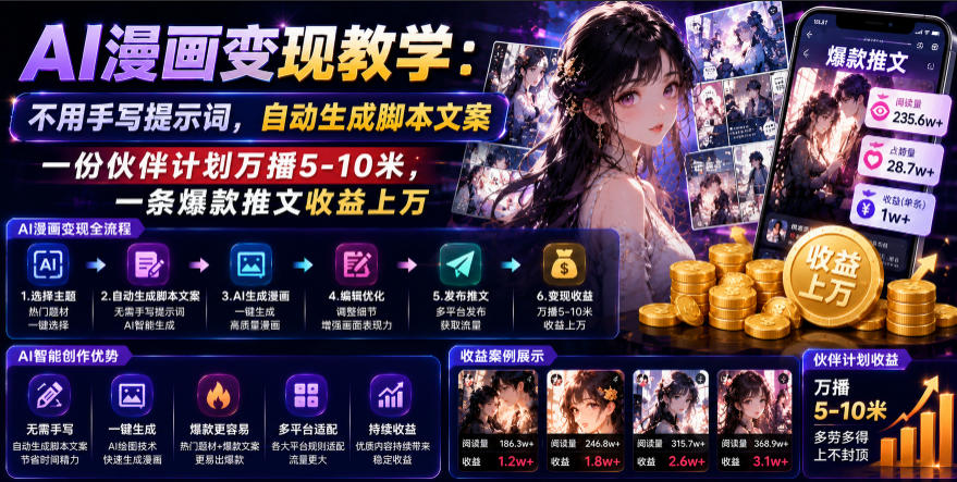 AI漫画变现教学:不用手写提示词,自动生成脚本文案,一份伙伴计划万播5-10米,一条爆款推文收益上W-皮皮网创