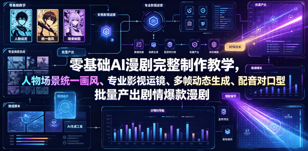 零基础AI漫剧完整制作教学,人物场景统一画风、专业影视运镜、多帧动态生成、配音对口型,批量产出剧情爆款漫剧-皮皮网创