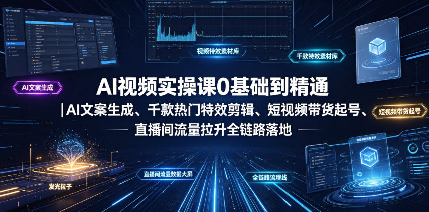 AI视频实操课0基础到精通|AI文案生成、千款热门特效剪辑、短视频带货起号、直播间流量拉升全链路落地-皮皮网创