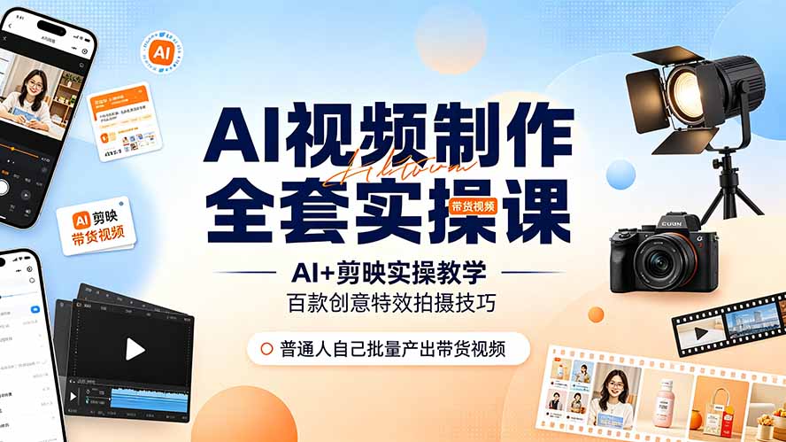 AI视频制作全套实操课，多款AI工具搭配剪映教学，百种特效运镜拍摄实操，抖音账号带货运营全覆盖-皮皮网创