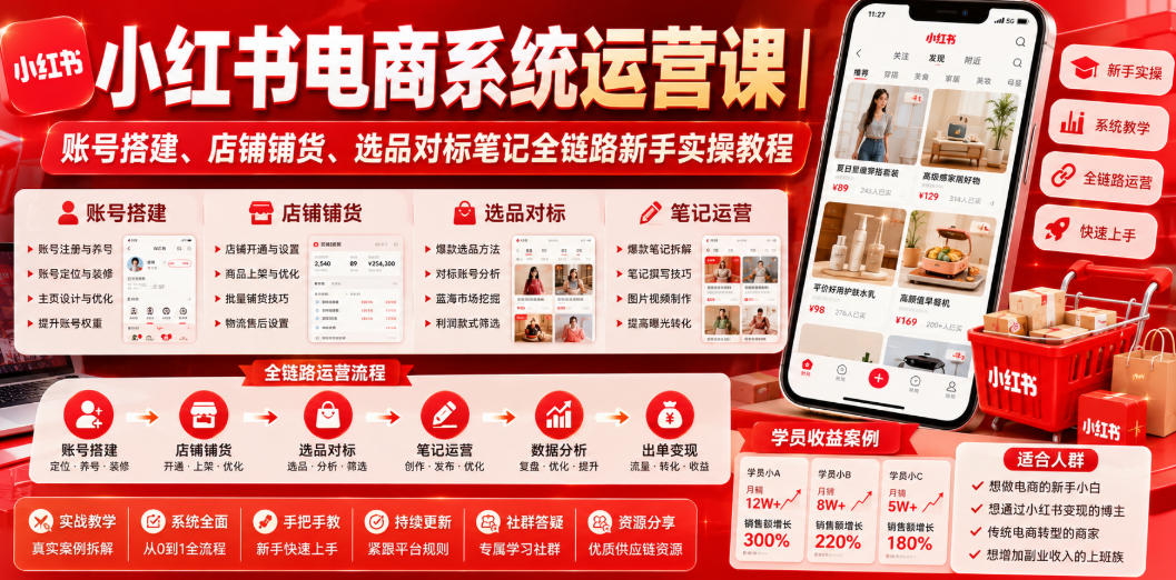 小红书电商系统运营课｜账号搭建、店铺铺货、选品对标笔记全链路新手实操教程-皮皮网创