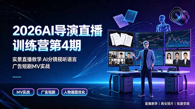 2026AI导演直播训练营第4期,实景直播教学AI分镜视听语言,广告短剧MV实战,解决人物画面崩坏痛点-皮皮网创