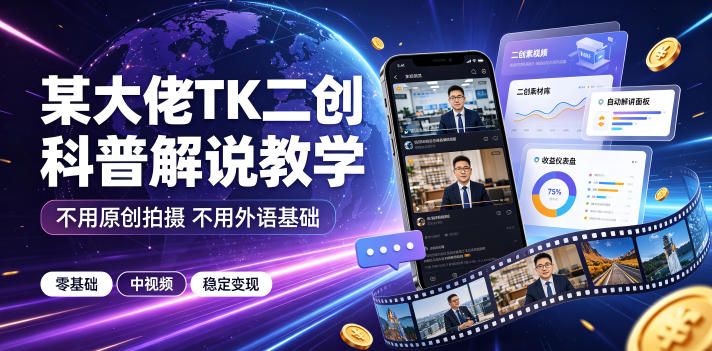 某大佬TK二创科普解说教学,不用原创拍摄不用外语基础,零基础做TikTok中视频稳定变现-皮皮网创