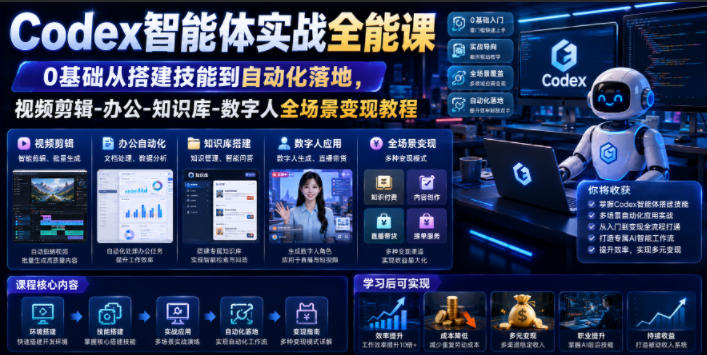 Codex智能体实战全能课|0基础从搭建技能到自动化落地,视频剪辑-办公-知识库-数字人全场景变现教程-皮皮网创