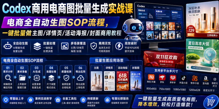 Codex商用电商图批量生成实战课|电商全自动生图SOP流程,一键批量做主图/详情页/活动海报/封面商用教程-皮皮网创