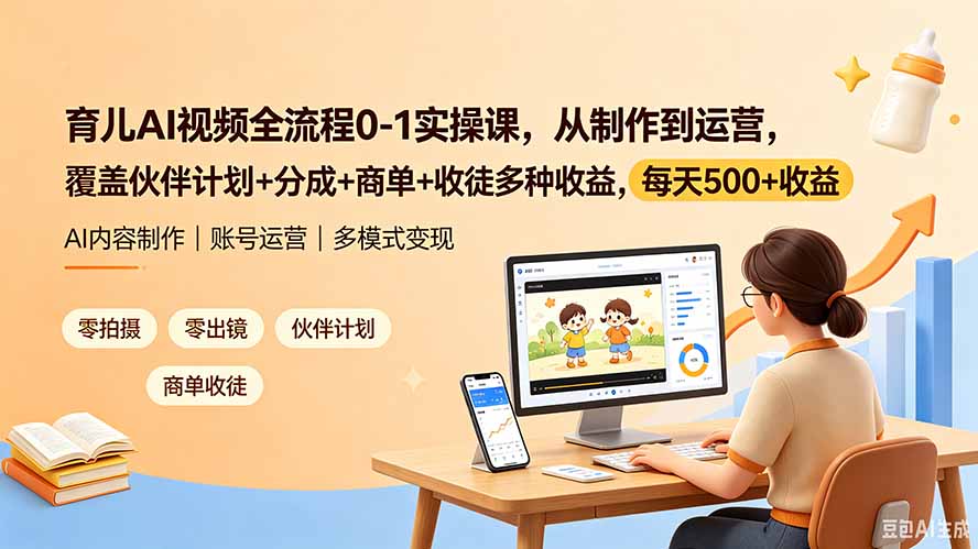 育儿AI视频全流程0-1实操课，从制作到运营，覆盖伙伴计划+分成+商单+收徒多种收益，每天500+收益-皮皮网创