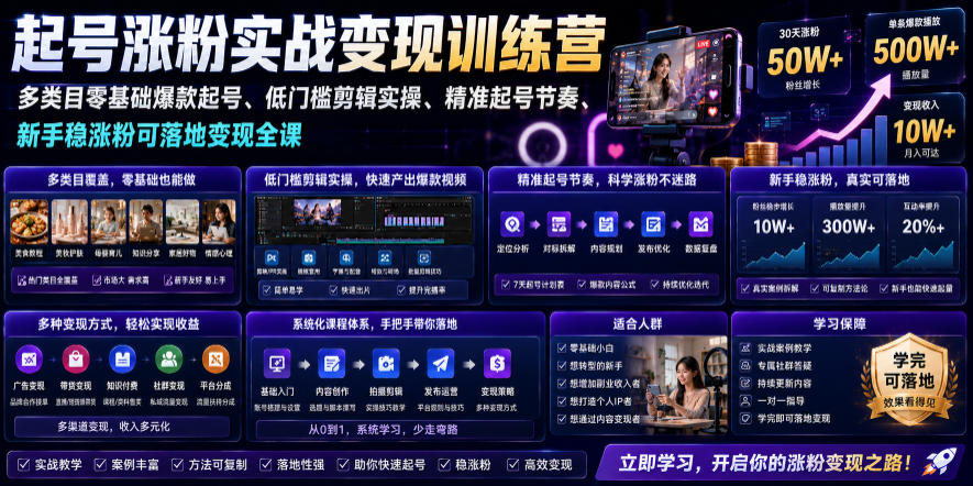 苗子起号涨粉实战变现训练营,多类目零基础爆款起号、精准起号节奏、新手稳涨粉可落地变现全课-皮皮网创