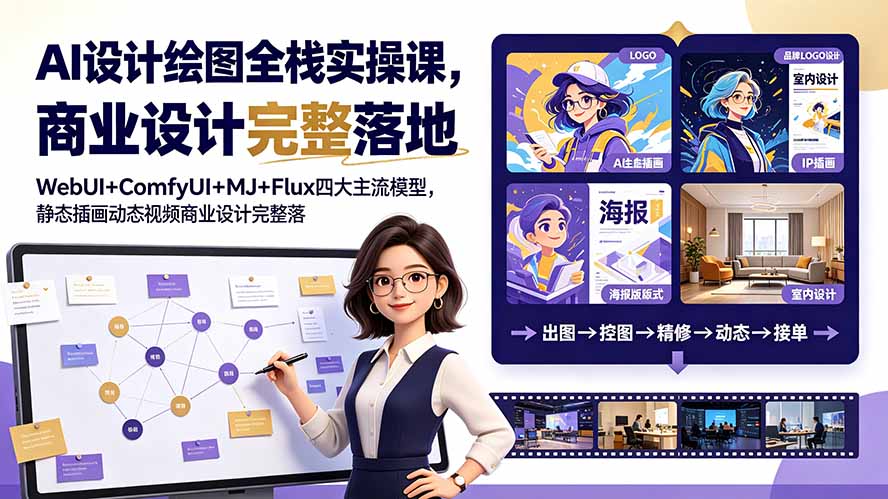 AI设计绘图全栈实操课,WebUI+ComfyUI+MJ+Flux四大主流模型,静态插画动态视频商业设计完整落地教程-皮皮网创