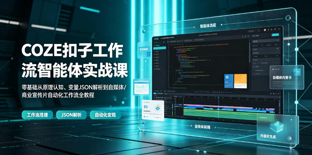 COZE扣子工作流智能体实战课｜零基础从原理认知、变量JSON解析到自媒体/商业宣传片自动化工作流全教程-皮皮网创