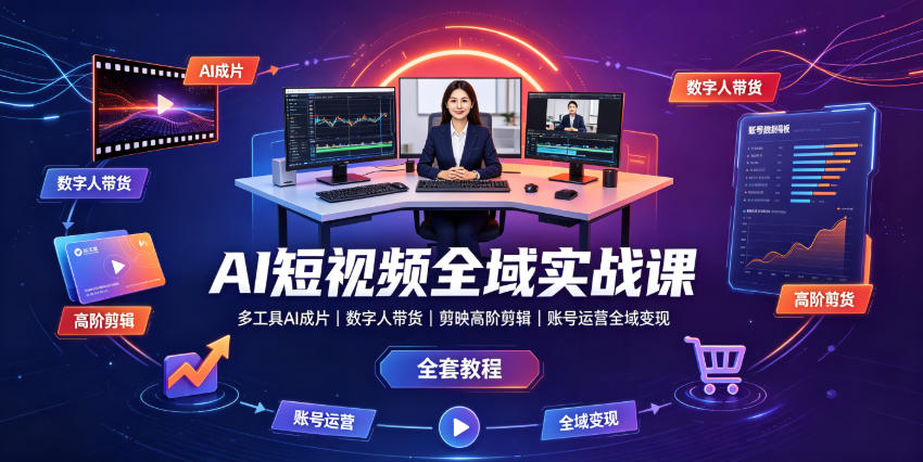 AI短视频全域实战课｜多工具AI成片、数字人带货、剪映高阶剪辑、账号运营全域变现全套教程-皮皮网创