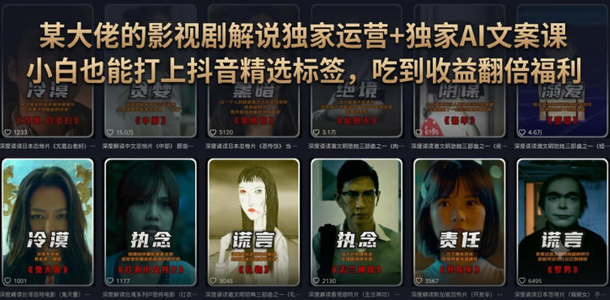 某大佬的影视剧解说独家运营+独家AI文案课,小白0粉丝也能快速打上抖音精选标签、吃到收益翻倍福利-皮皮网创