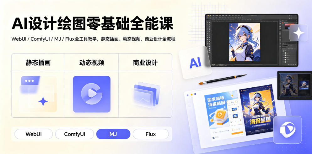 AI设计绘图零基础全能课｜WebUI/ComfyUI/MJ/Flux全工具教学，静态插画、动态视频、商业设计全流程-皮皮网创