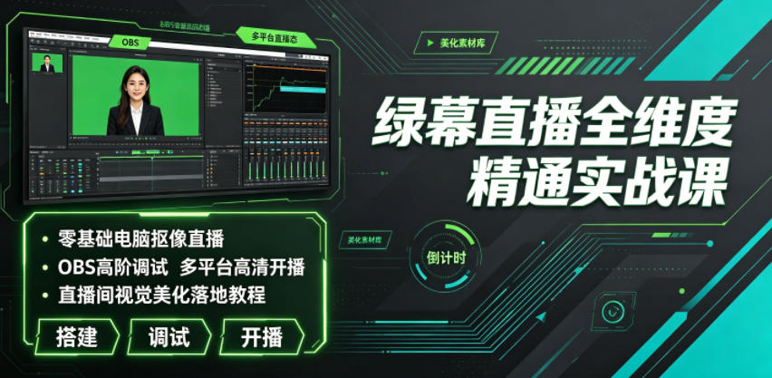 绿幕直播全维度精通实战课｜零基础电脑抠像直播、OBS高阶调试、多平台高清开播、直播间视觉美化落地教程-皮皮网创