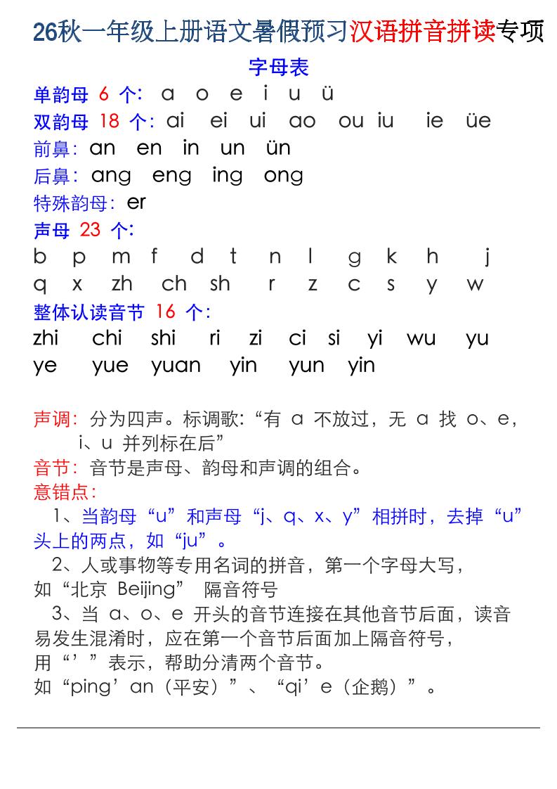 26秋一年级上册语文暑假预习汉语拼音拼读专项-皮皮网创