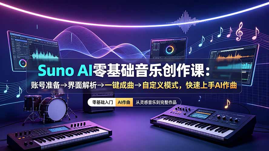 Suno AI零基础音乐创作课：账号准备→界面解析→一键成曲→自定义模式，快速上手AI作曲-皮皮网创