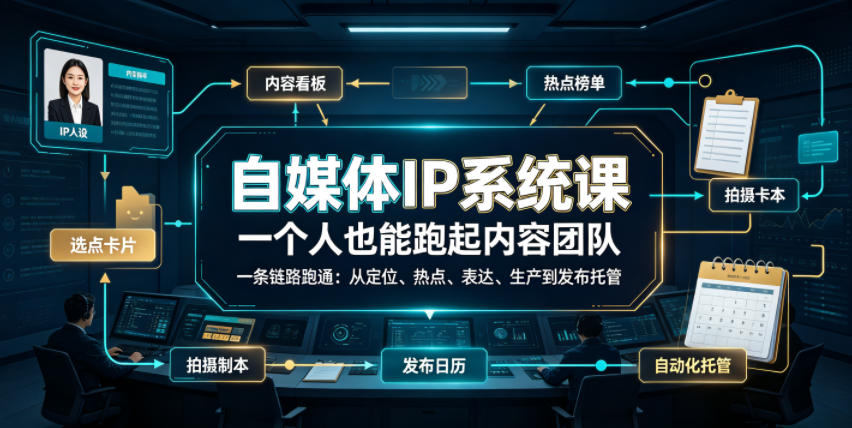 自媒体IP系统课，一个人也能跑起内容团队，一条链路跑通，从定位、热点、表达、生产到发布托管-皮皮网创