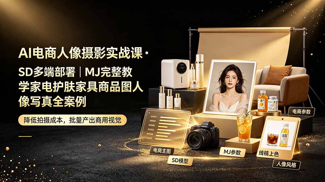 AI电商人像摄影实战课·SD多端部署｜MJ完整教学｜家电护肤家具商品图人像写真全案例-皮皮网创