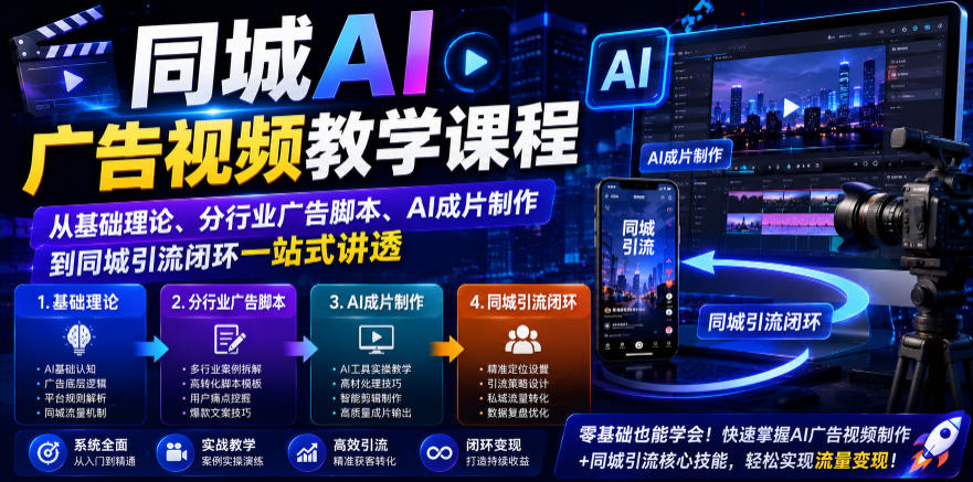 同城AI广告视频教学课程，从基础理论、分行业广告脚本、AI成片制作到同城引流闭环一站式讲透-皮皮网创