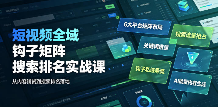 短视频全域钩子矩阵搜索排名实战课|6大平台矩阵布局、关键词堆量抢占搜索流量、钩子私域导流、AI批量内容生成-皮皮网创