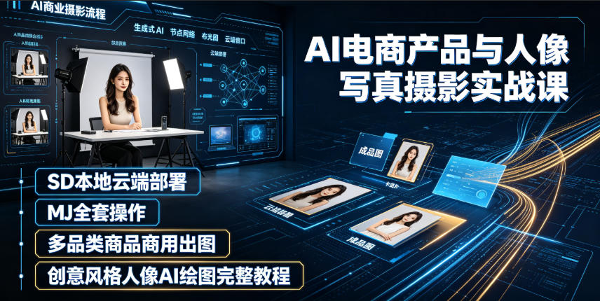 AI电商产品与人像写真摄影实战课|SD本地云端部署、MJ全套操作、多品类商品商用出图、创意风格人像AI绘图完整教程-皮皮网创