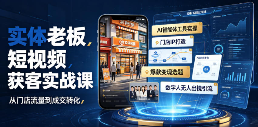 实体老板短视频获客实战课|AI智能体工具全套实操、门店IP打造、爆款变现选题、数字人无人出镜引流完整教程-皮皮网创