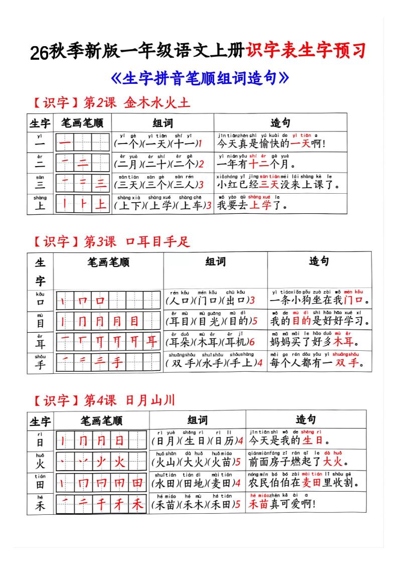 26秋季新版一年级语文上册识字表生字预习-皮皮网创